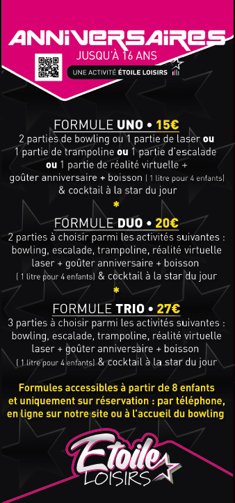 FORMULES-ANNIVERSAIRE – Étoile Loisirs – Bowling de l’étoile formules anniversaire - étoile loisirs - bowling de l'étoile - augny - Moselle